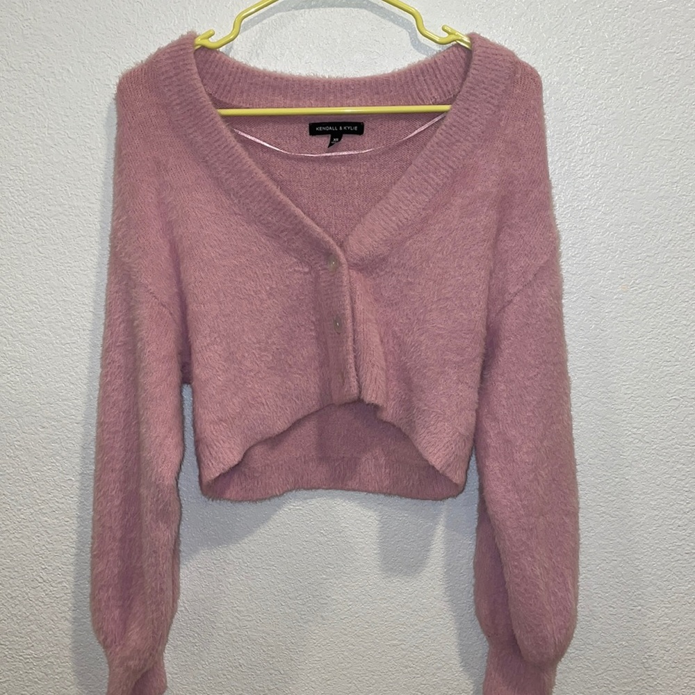 Fuzzy Pink Kendall & Kylie Cropped Cardigan, Size XS
